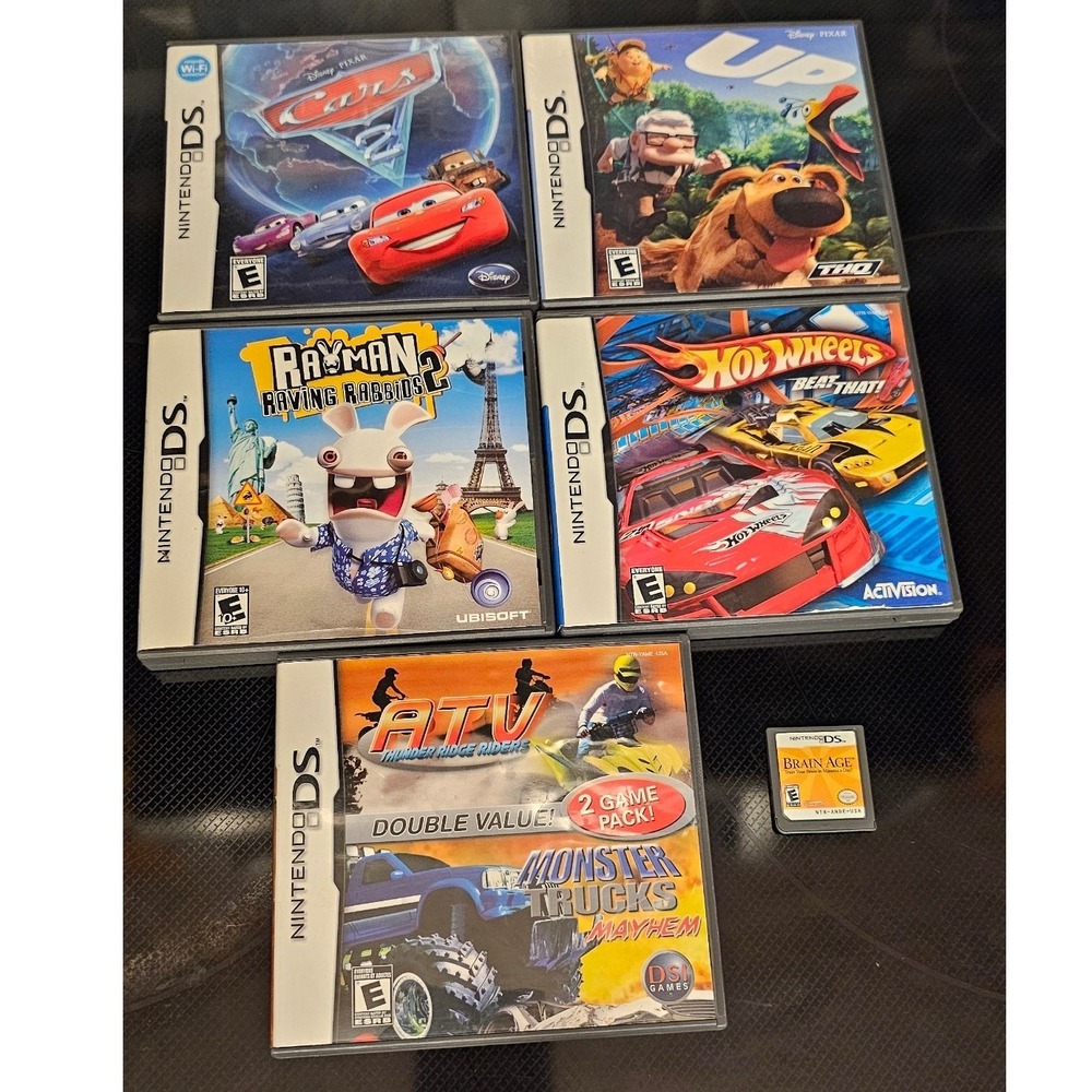 Nintendo DS Game Lot Cars 2 Up Rayman Rabbids Hot Wheels ATV Brain Age Bundle